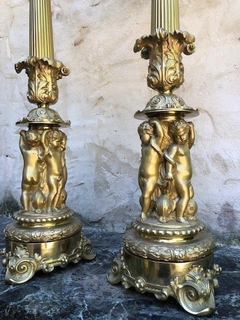 Paire De Grands Candélabres 6 Bourgeois En Bronze Doré 19ème. ( 74 cm )-photo-4