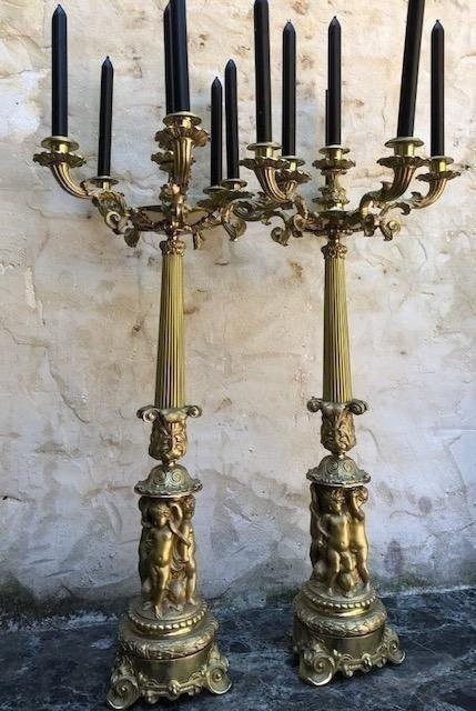 Paire De Grands Candélabres 6 Bourgeois En Bronze Doré 19ème. ( 74 cm )-photo-6