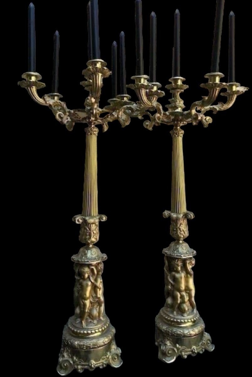 Paire De Grands Candélabres 6 Bourgeois En Bronze Doré 19ème. ( 74 cm )