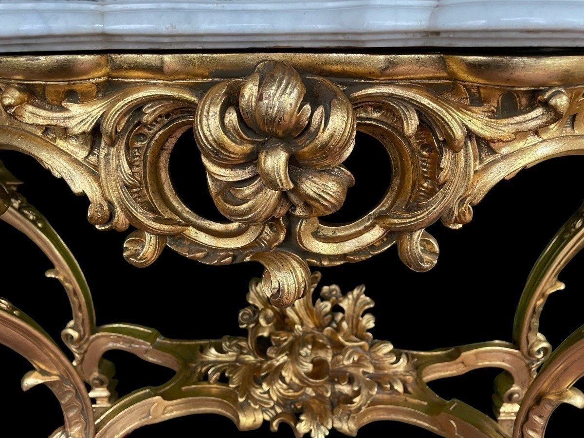Grande Console à 4 Pieds De Style Louis XV En Bois Doré/stuc 19ème.-photo-6