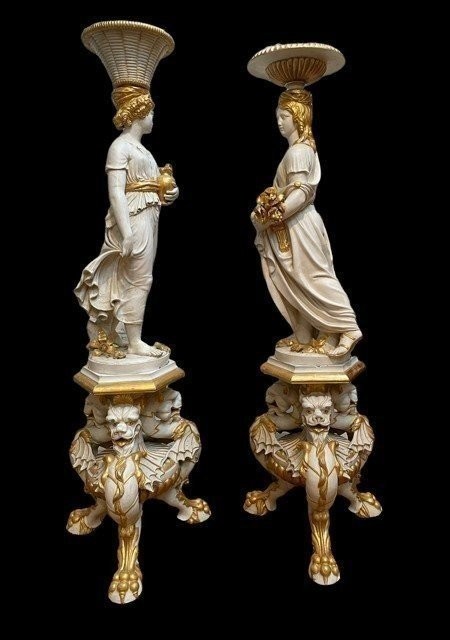 Paire De Sculptures / étagères Sur Piédestal En Bois 19ème. ( 183 Cm )-photo-2