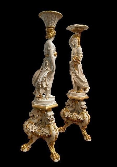 Paire De Sculptures / étagères Sur Piédestal En Bois 19ème. ( 183 Cm )-photo-4