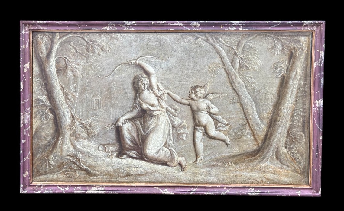 Pair Of Grisailles Landscape Scene Oil On Canvas Late 18th Century.-photo-2