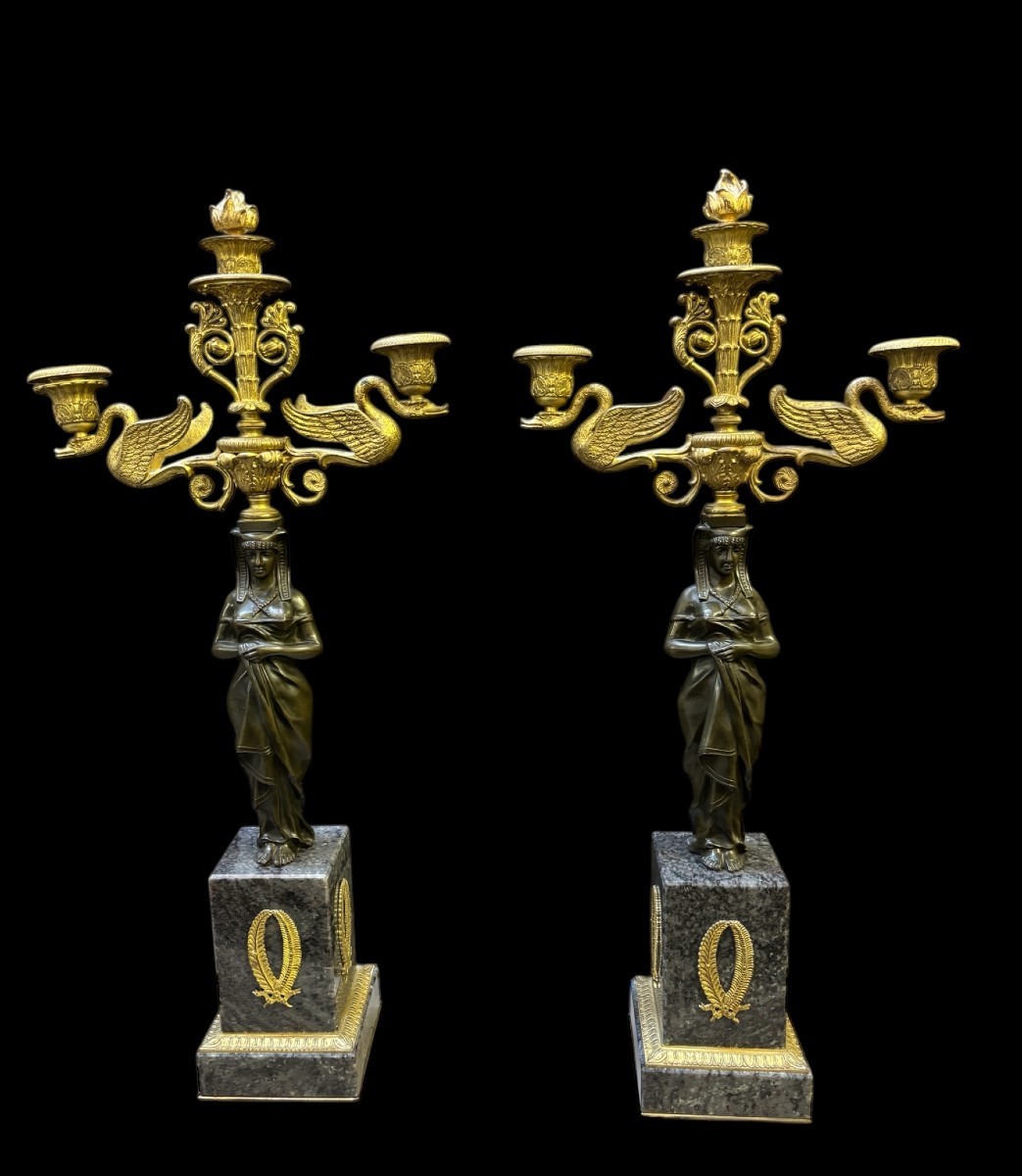 Pair Of Empire Style Candelabras In Patinated And Gilded Bronze (circa 1900)-photo-2