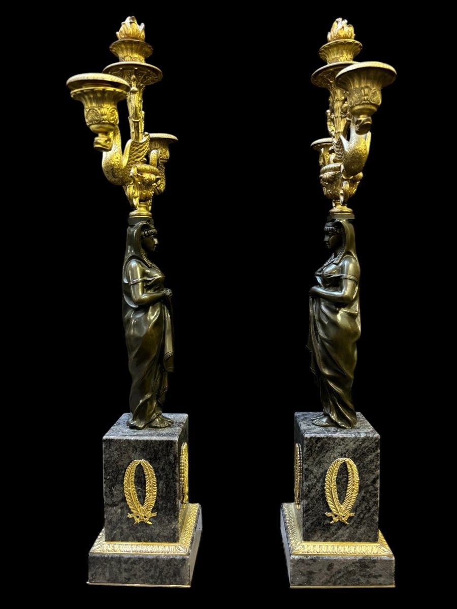 Pair Of Empire Style Candelabras In Patinated And Gilded Bronze (circa 1900)-photo-3