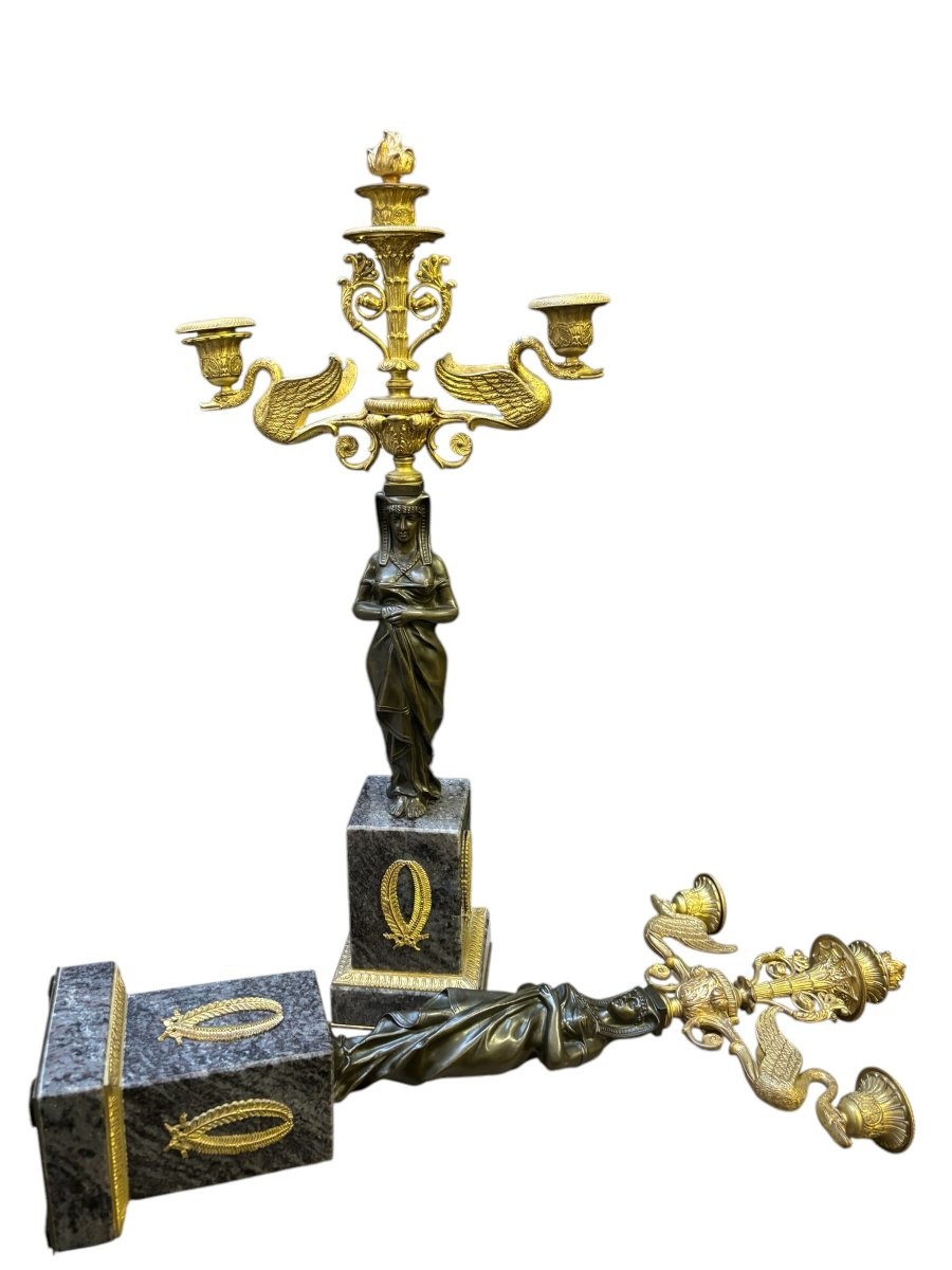 Pair Of Empire Style Candelabras In Patinated And Gilded Bronze (circa 1900)-photo-7