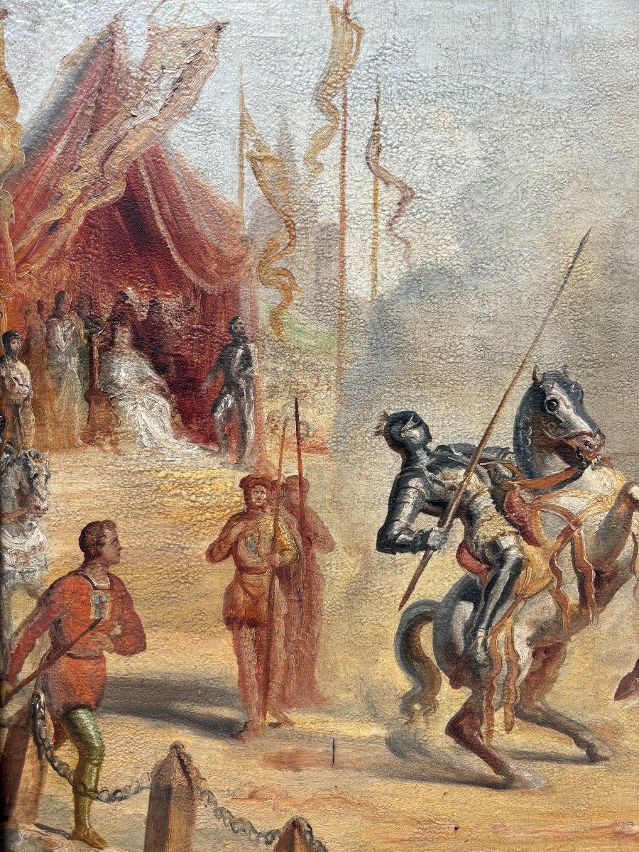 Very Decorative Painting “knights Fighting On Horseback” Early 19th Century.-photo-3
