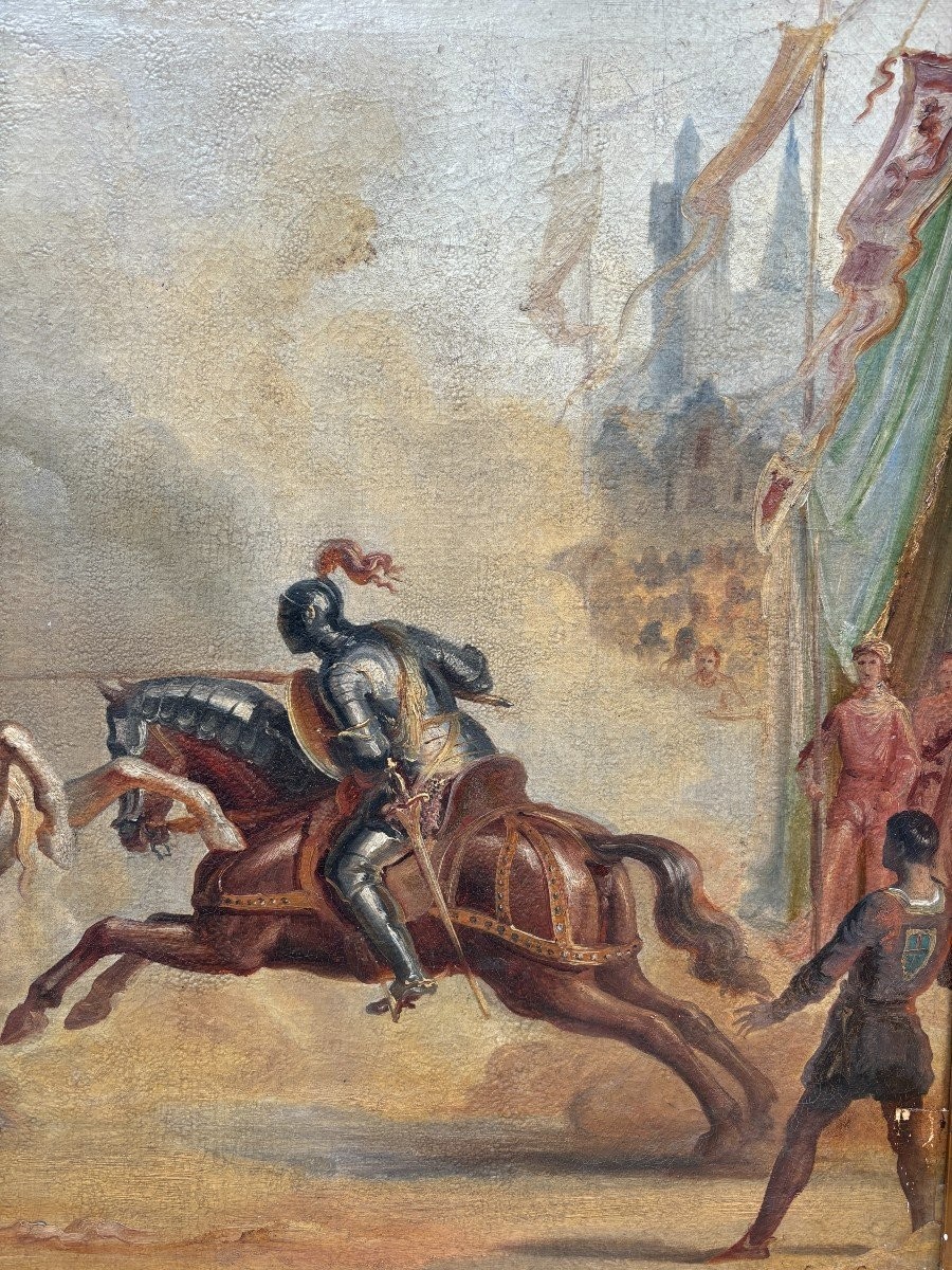 Very Decorative Painting “knights Fighting On Horseback” Early 19th Century.-photo-4