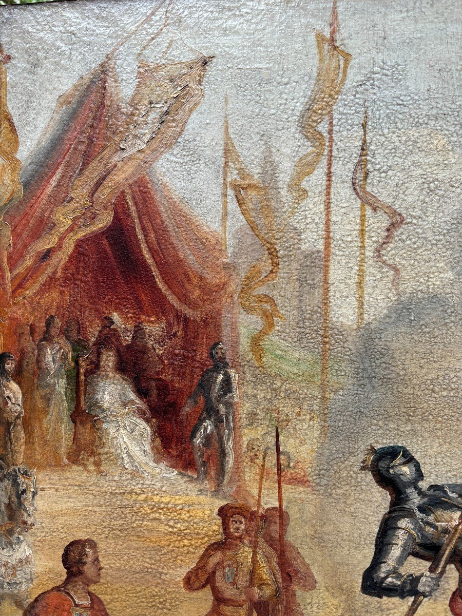 Very Decorative Painting “knights Fighting On Horseback” Early 19th Century.-photo-3