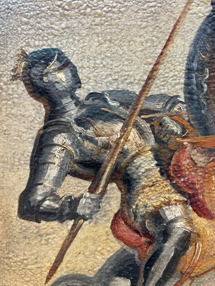 Very Decorative Painting “knights Fighting On Horseback” Early 19th Century.-photo-7
