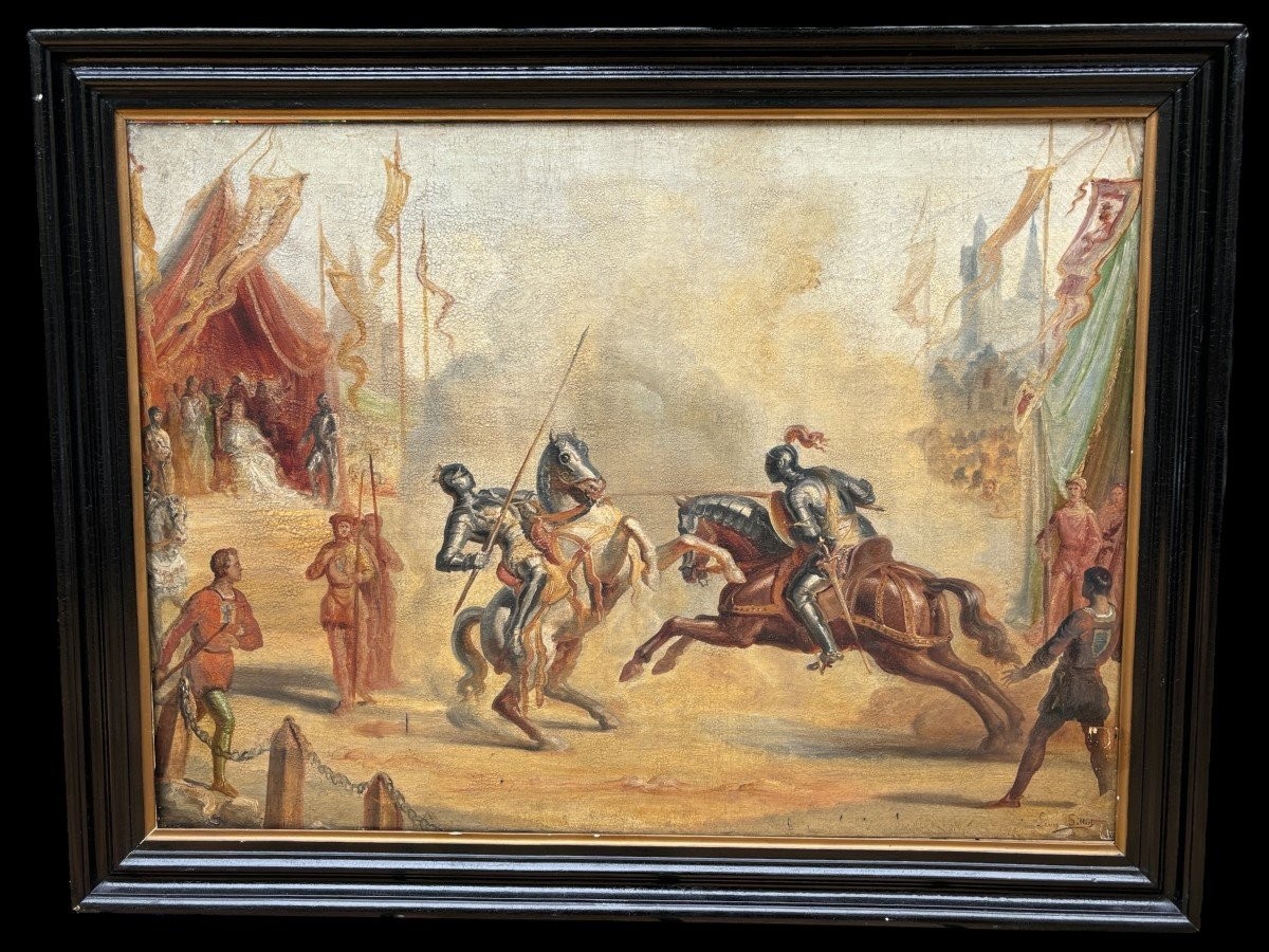 Very Decorative Painting “knights Fighting On Horseback” Early 19th Century.