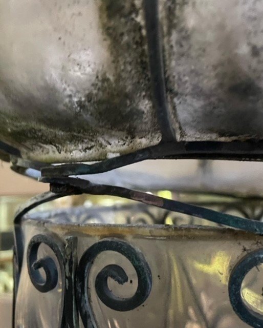 Large Wrought Iron And Curved Glass Outdoor Lamp / Lantern 1930 (126 Cm)-photo-6