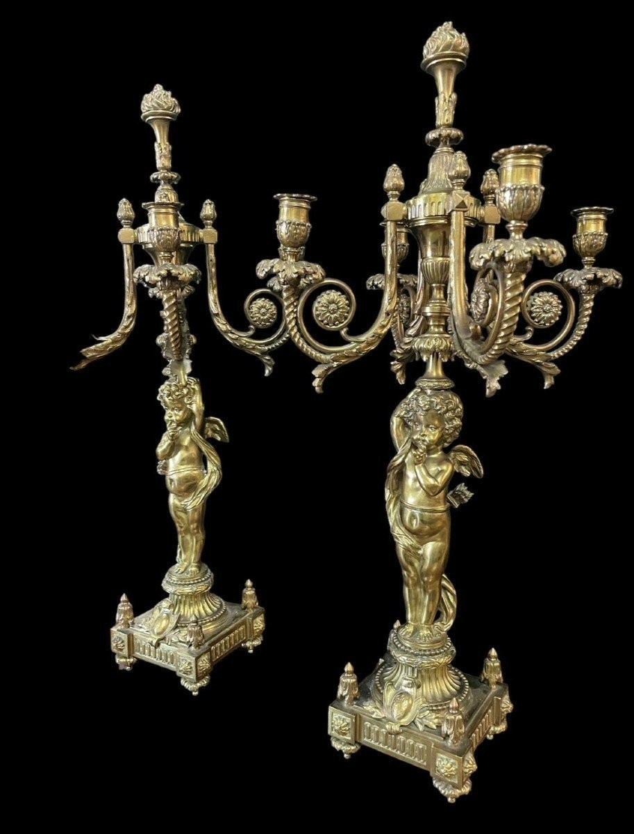 Paire De Grands Candélabres Avec Anges En Bronze 19ème ( 76 Cm )-photo-3