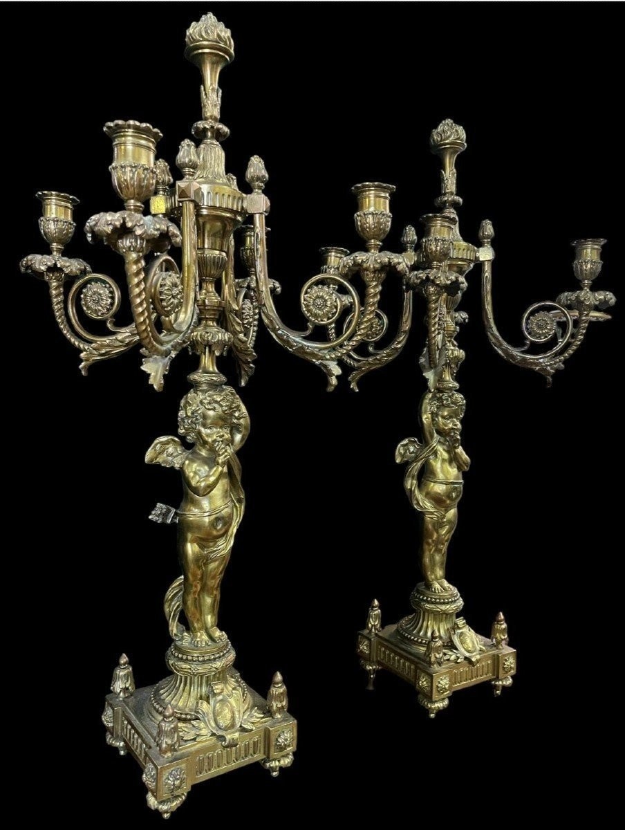 Paire De Grands Candélabres Avec Anges En Bronze 19ème ( 76 Cm )