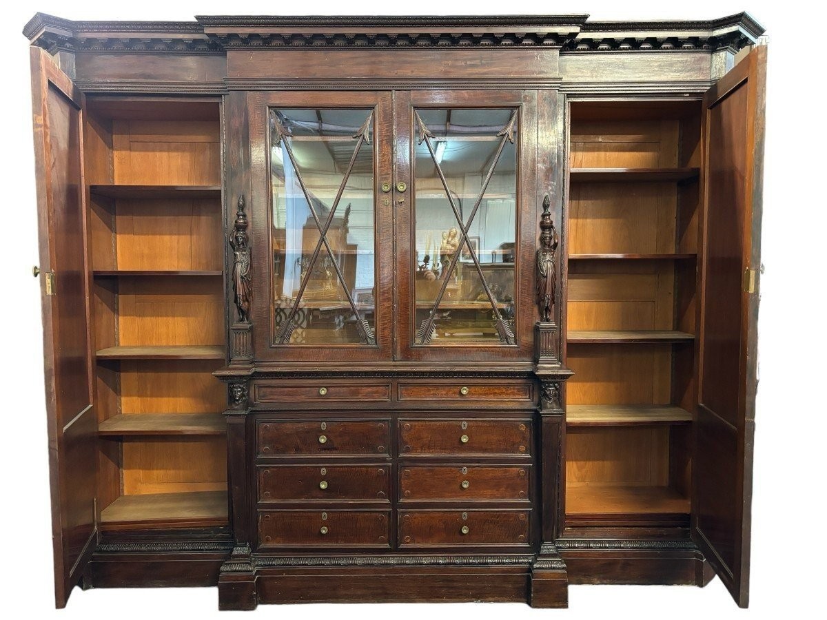 Large "breakfront" Empire Style Bookcase In Mahogany, 19th Century. (304 Cm)-photo-3