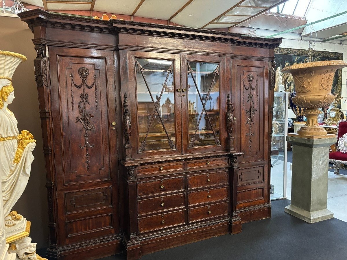 Large "breakfront" Empire Style Bookcase In Mahogany, 19th Century. (304 Cm)-photo-4