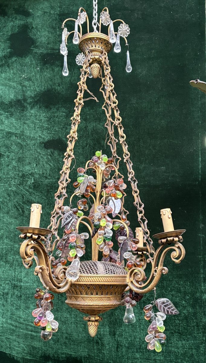 Gilt Bronze Chandelier With Glass Fruit Decorations, 19th Century (115 Cm)-photo-6