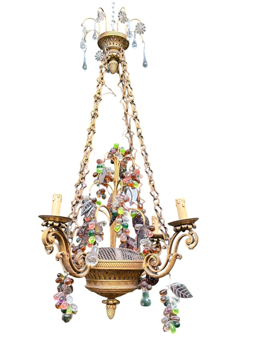Gilt Bronze Chandelier With Glass Fruit Decorations, 19th Century (115 Cm)-photo-7