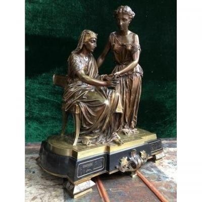 Decorative Sculpture "return From Egypt" 2 Figures In Bronze 19thc.-photo-1