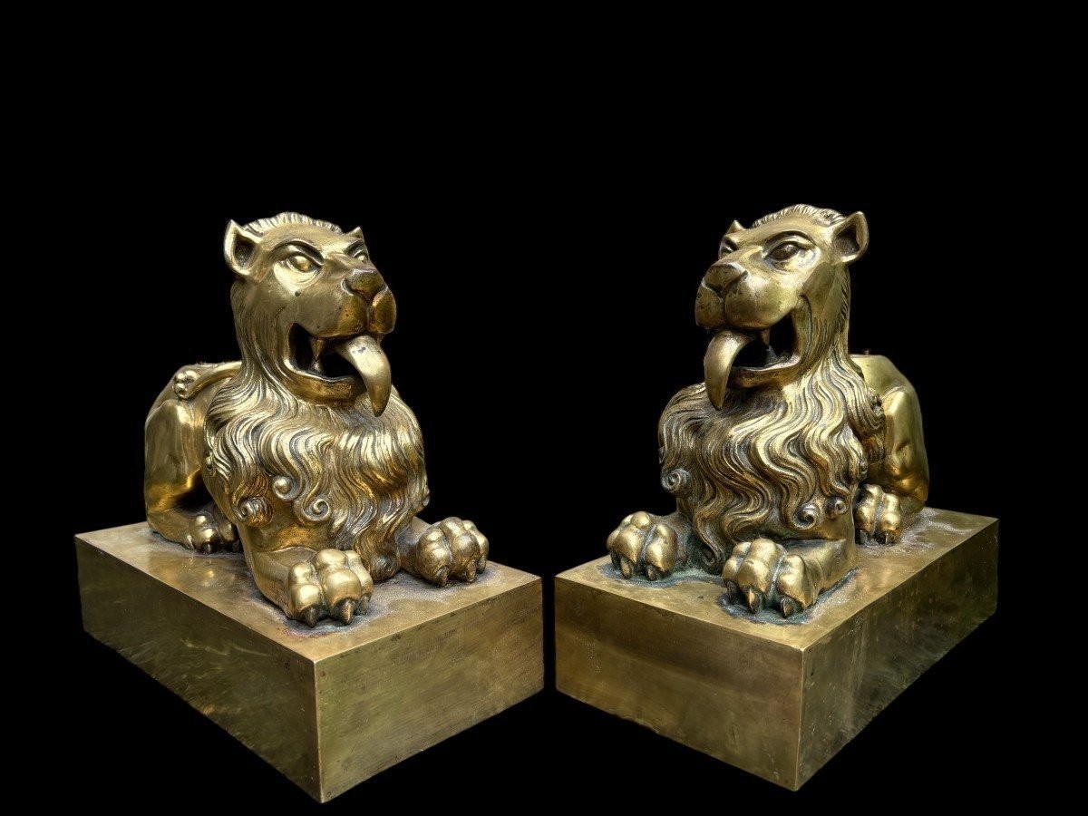 Pair Of Bronze Lions On Pedestals, Early 19th Century.-photo-3