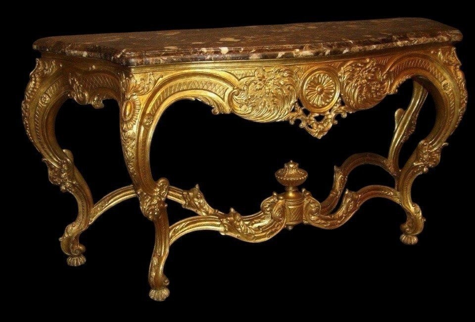 Large Louis XV Style 4-legged Console Table In Gilded Wood, 19th Century.-photo-2