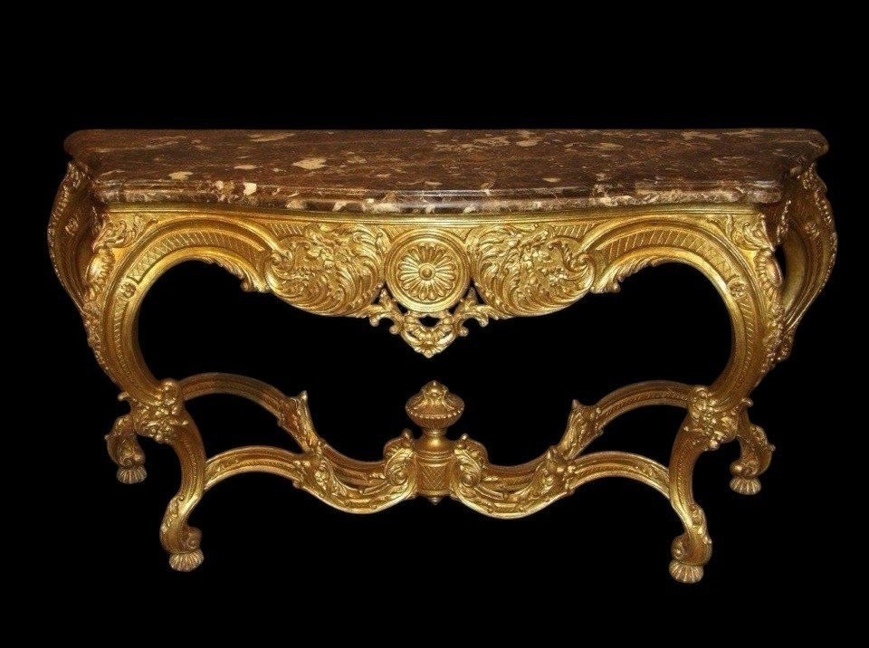 Large Louis XV Style 4-legged Console Table In Gilded Wood, 19th Century.