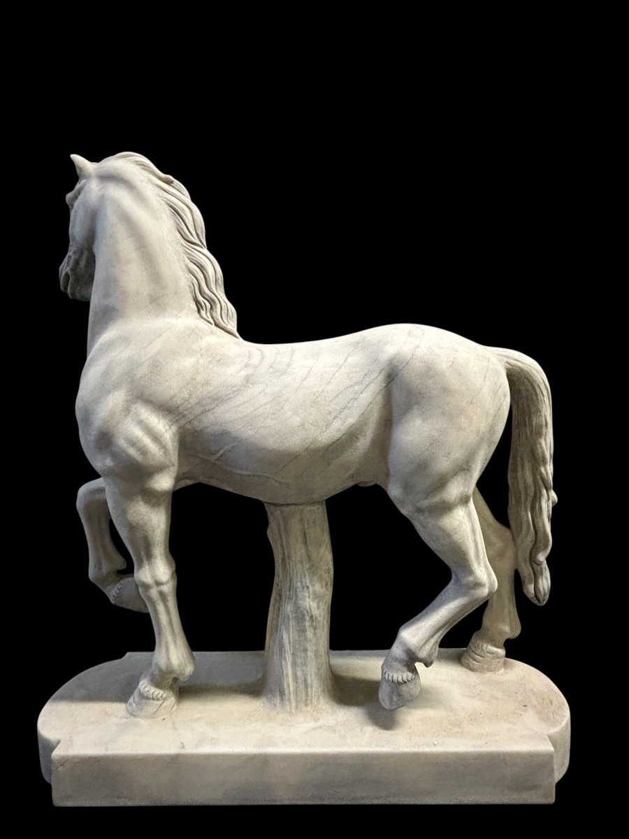 Elégante Sculpture De Cheval En Marbre Blanc 20ème.-photo-4