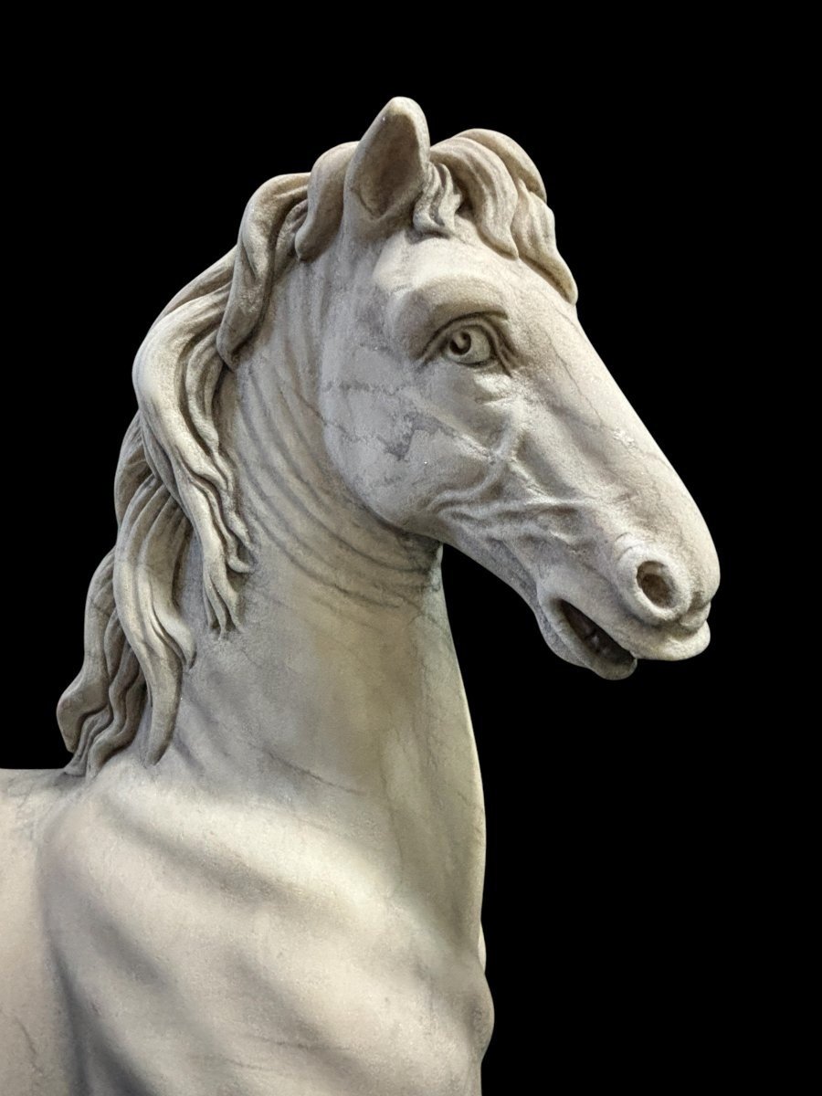 Elégante Sculpture De Cheval En Marbre Blanc 20ème.-photo-1