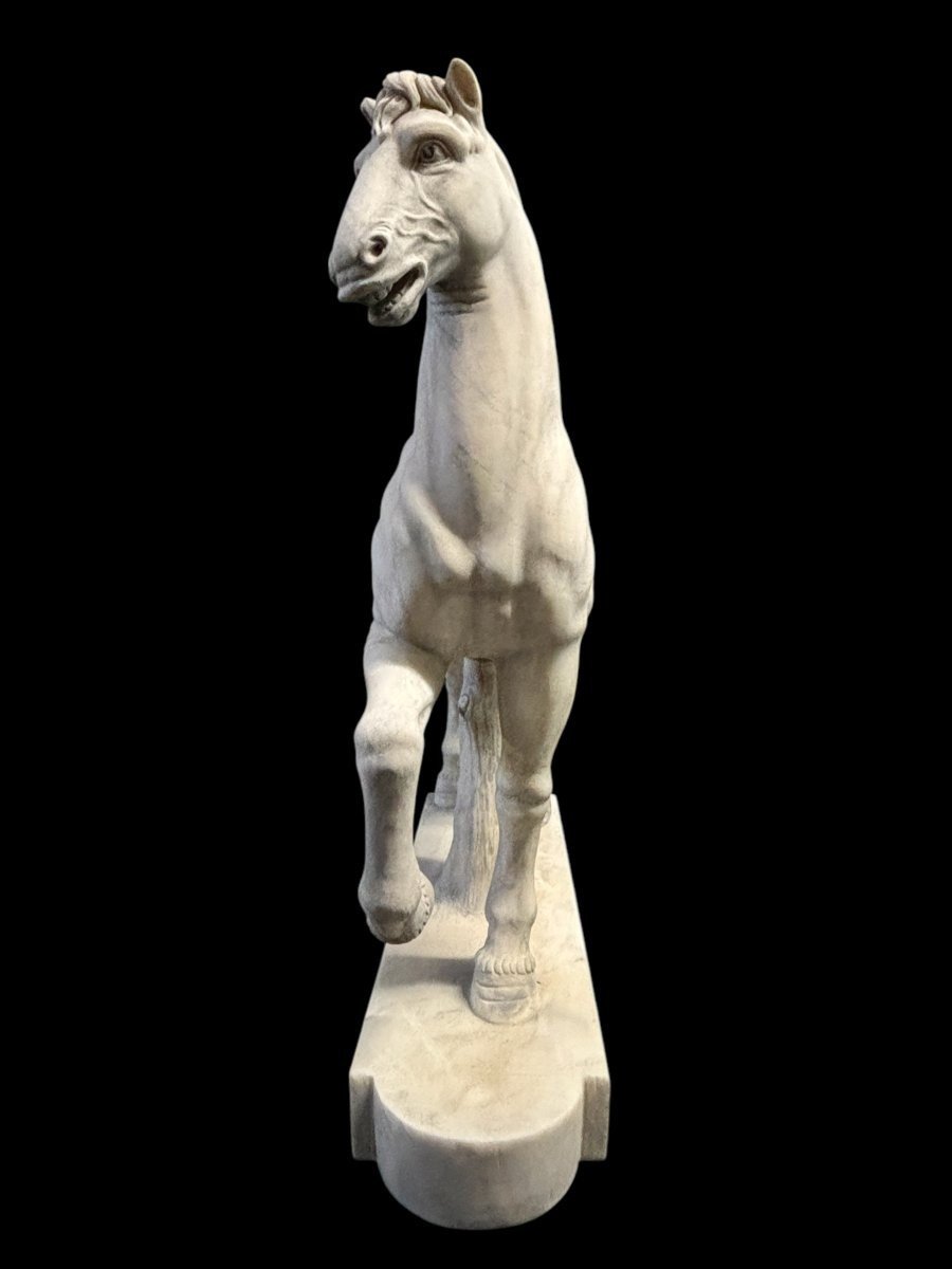 Elégante Sculpture De Cheval En Marbre Blanc 20ème.-photo-3