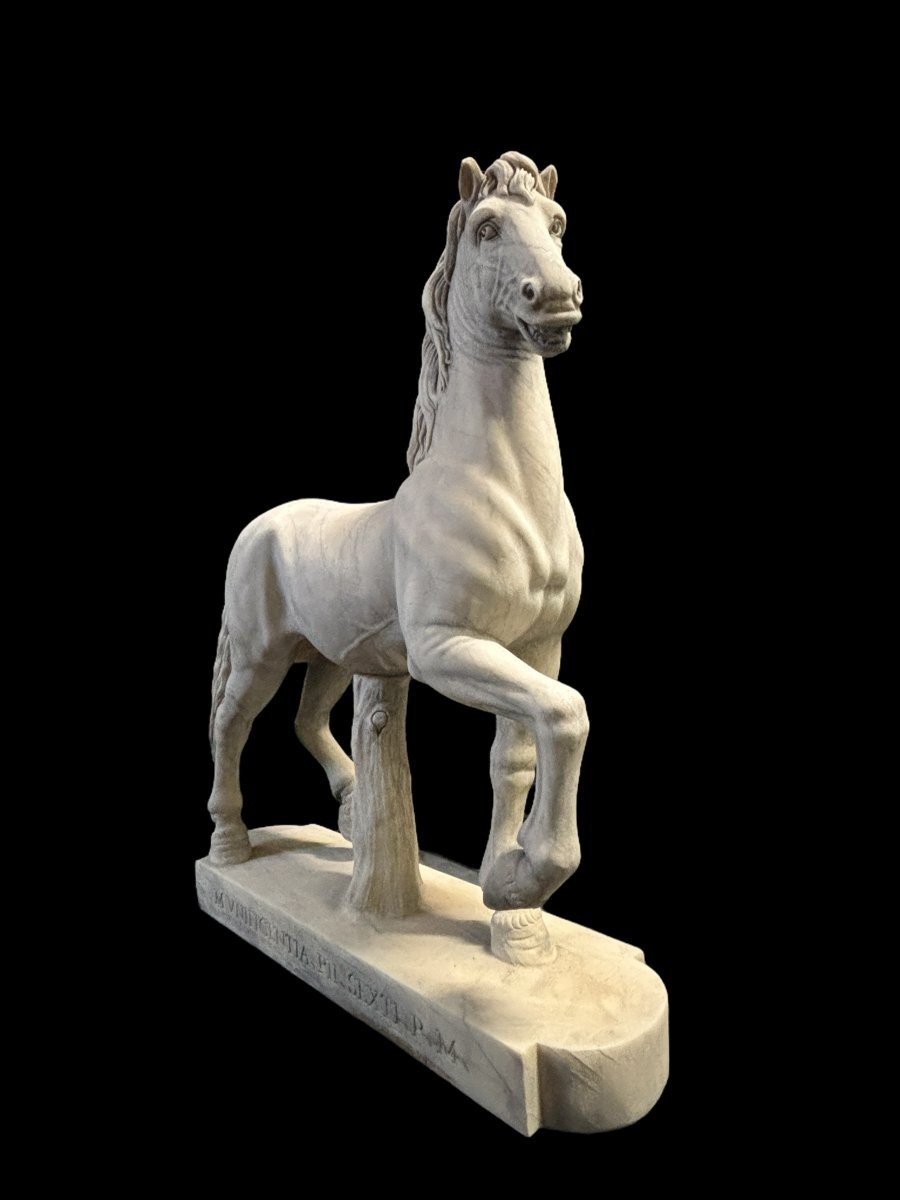 Elégante Sculpture De Cheval En Marbre Blanc 20ème.-photo-7