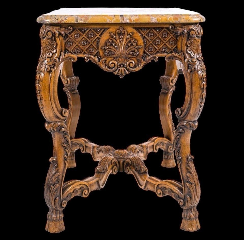 Table Centrale En Chêne Richement Sculpté Avec Un Plateau En Marbre Circa 1920-photo-4