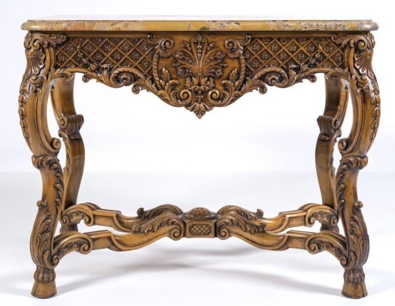 Table Centrale En Chêne Richement Sculpté Avec Un Plateau En Marbre Circa 1920-photo-3