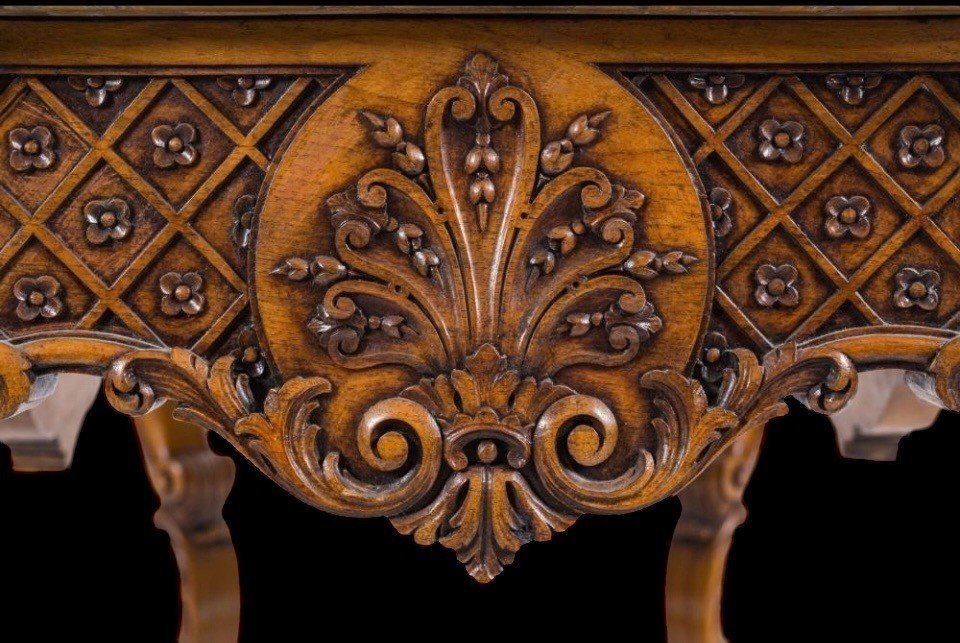 Table Centrale En Chêne Richement Sculpté Avec Un Plateau En Marbre Circa 1920-photo-4