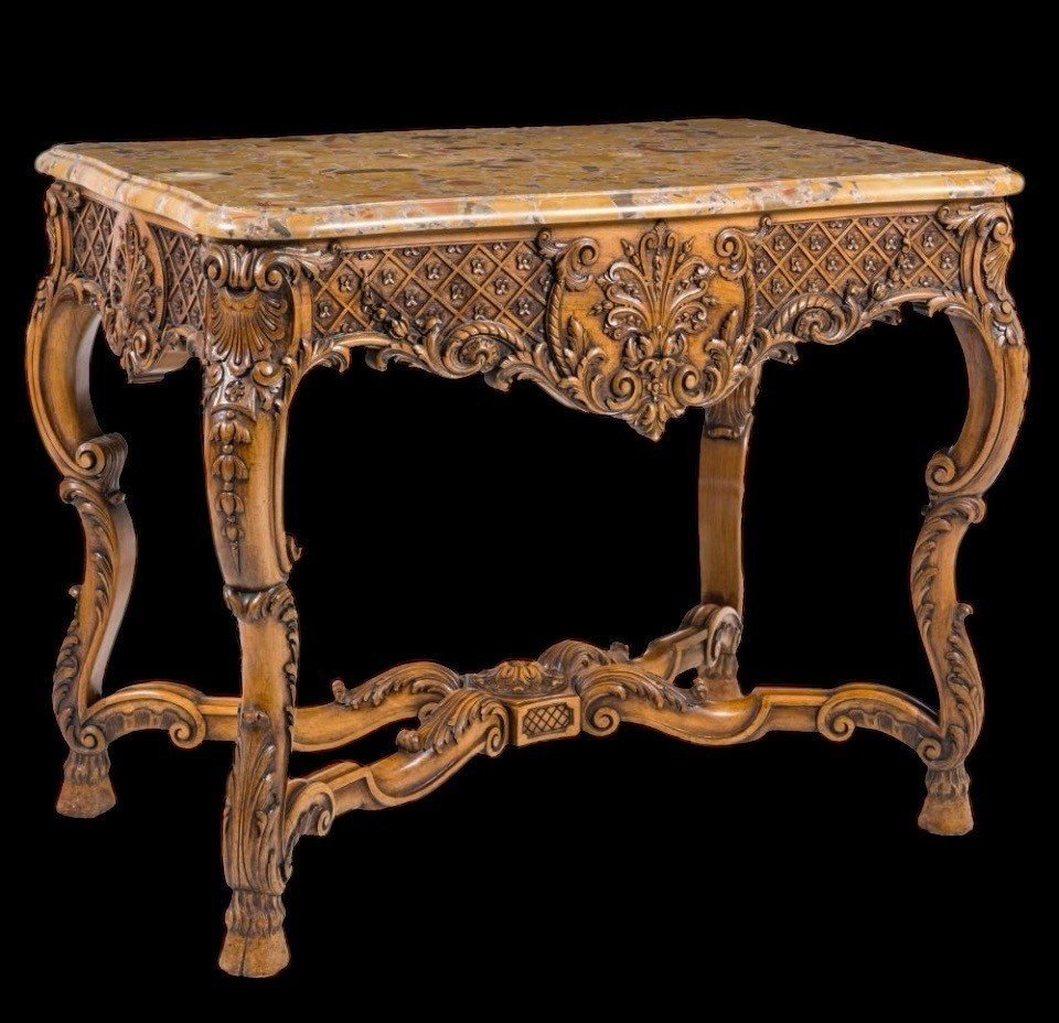 Table Centrale En Chêne Richement Sculpté Avec Un Plateau En Marbre Circa 1920-photo-5