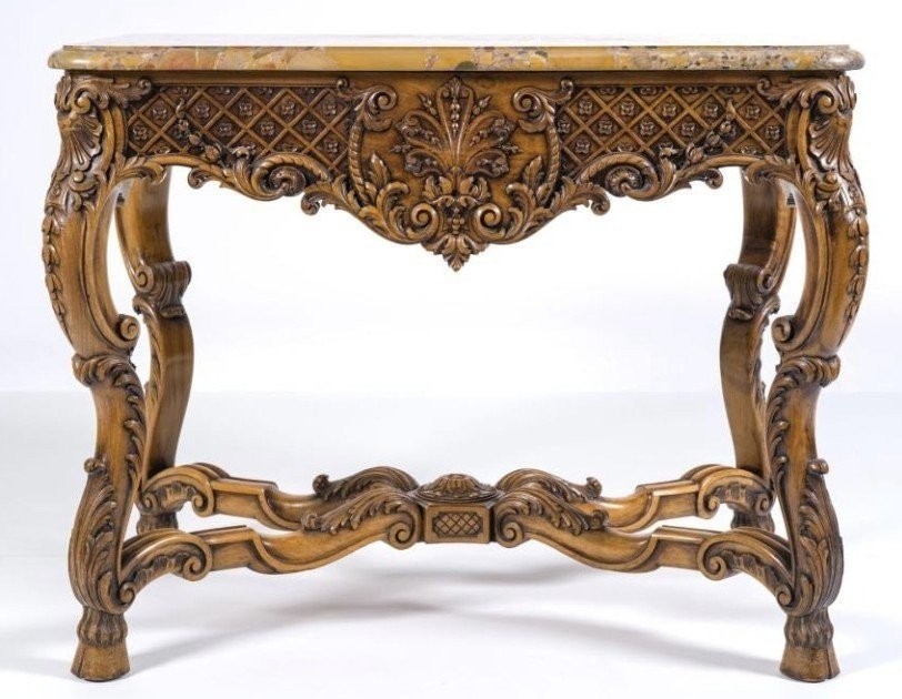 Table Centrale En Chêne Richement Sculpté Avec Un Plateau En Marbre Circa 1920-photo-8