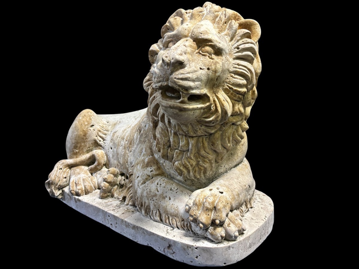 Grande Sculpture d'Un Lion De La Renaissance En Travertin 20ème ( 61 cm )-photo-3