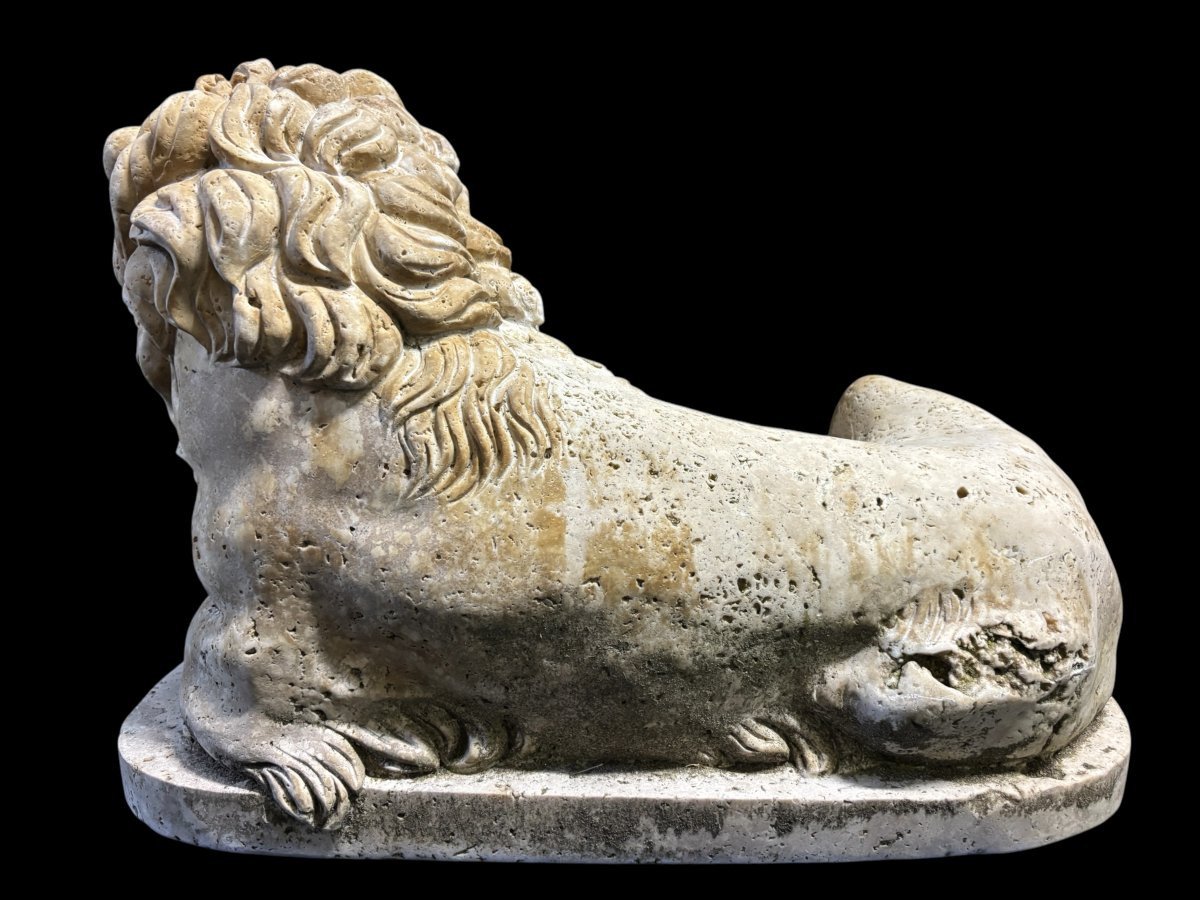 Grande Sculpture d'Un Lion De La Renaissance En Travertin 20ème ( 61 cm )-photo-4