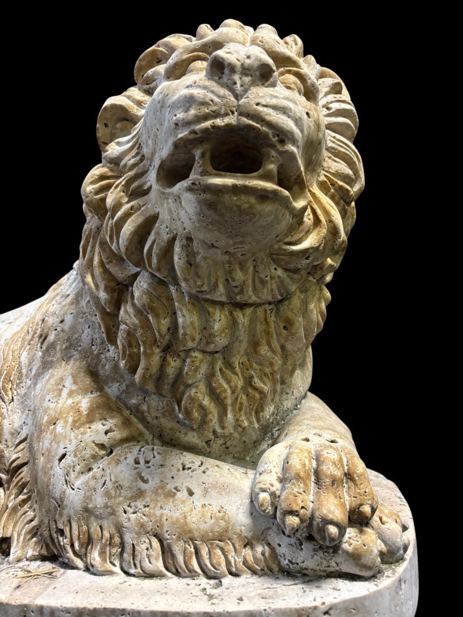 Grande Sculpture d'Un Lion De La Renaissance En Travertin 20ème ( 61 cm )-photo-6