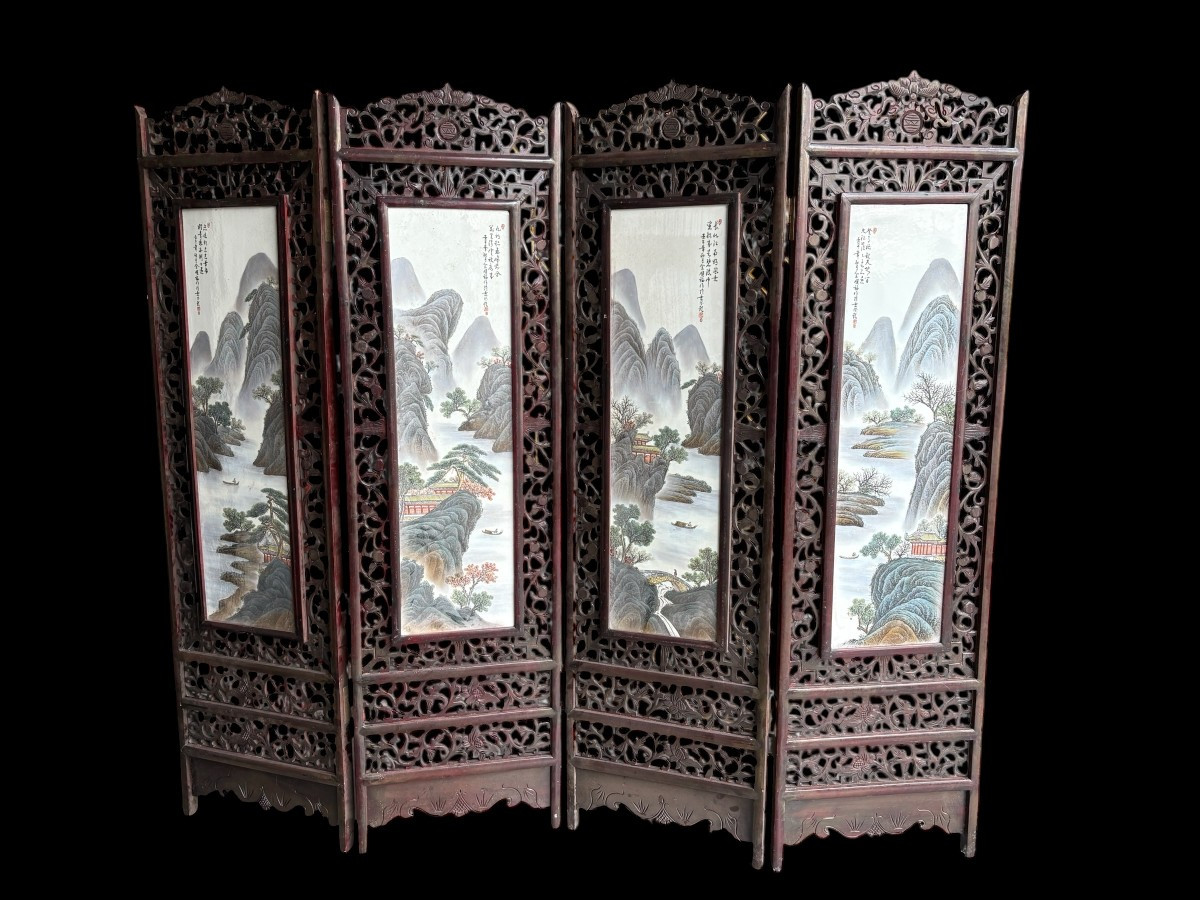 Chinese Four-panel Double-sided Wood/porcelain Screen, Early 20th Century.-photo-3