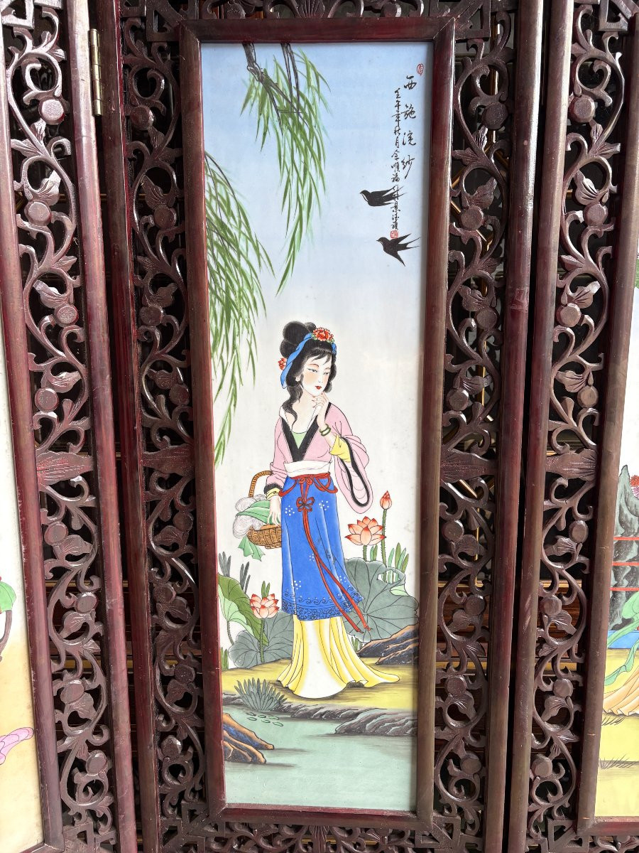 Chinese Four-panel Double-sided Wood/porcelain Screen, Early 20th Century.-photo-2