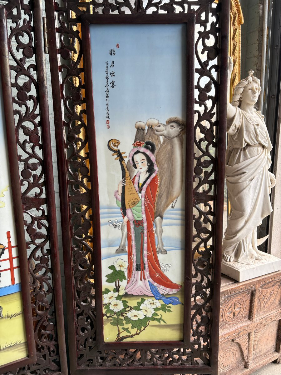 Chinese Four-panel Double-sided Wood/porcelain Screen, Early 20th Century.-photo-4