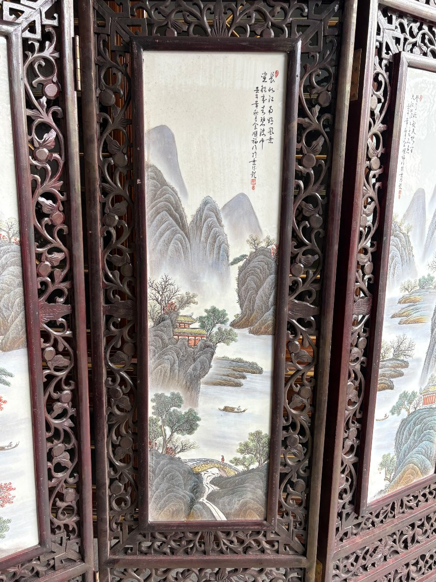 Chinese Four-panel Double-sided Wood/porcelain Screen, Early 20th Century.-photo-6