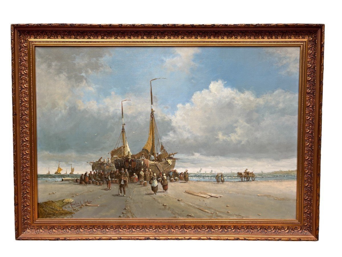 Large Decorative Painting "view Of The Beach" Oil On Canvas 20th Century.-photo-4