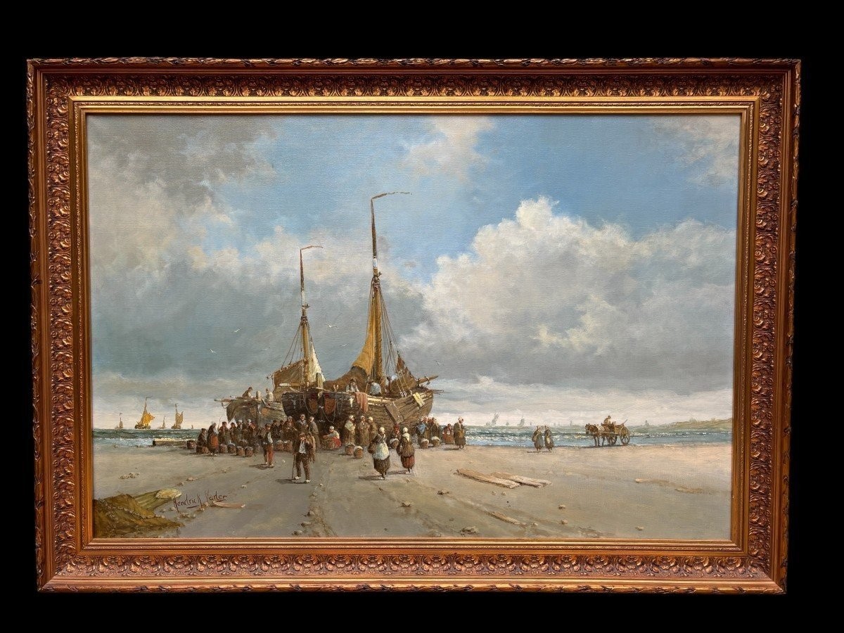 Large Decorative Painting "view Of The Beach" Oil On Canvas 20th Century.
