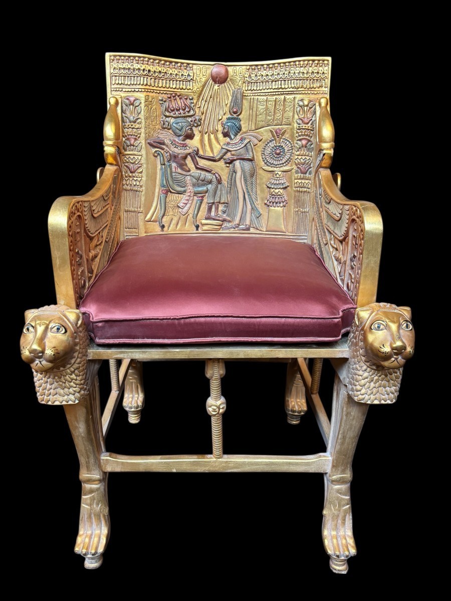 “tutankhamun” Throne In Gilded And Patinated Wood, 21st Century.-photo-2