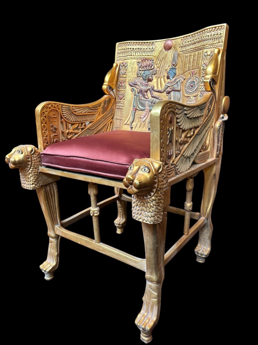 “tutankhamun” Throne In Gilded And Patinated Wood, 21st Century.-photo-3