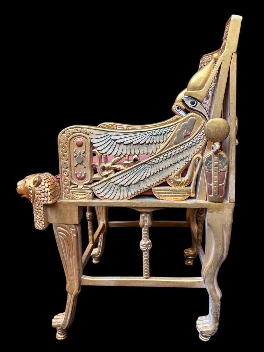 “tutankhamun” Throne In Gilded And Patinated Wood, 21st Century.-photo-4