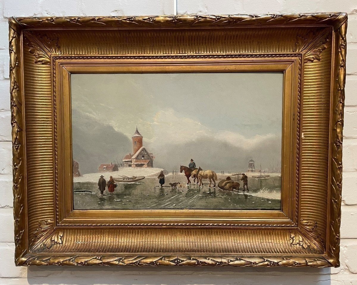 Painting Winter Landscape "on The Ice" Oil On Panel 19th Century.-photo-2