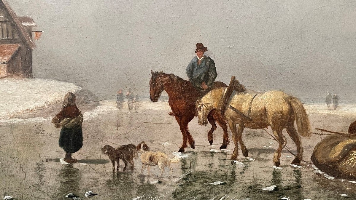 Painting Winter Landscape "on The Ice" Oil On Panel 19th Century.-photo-4