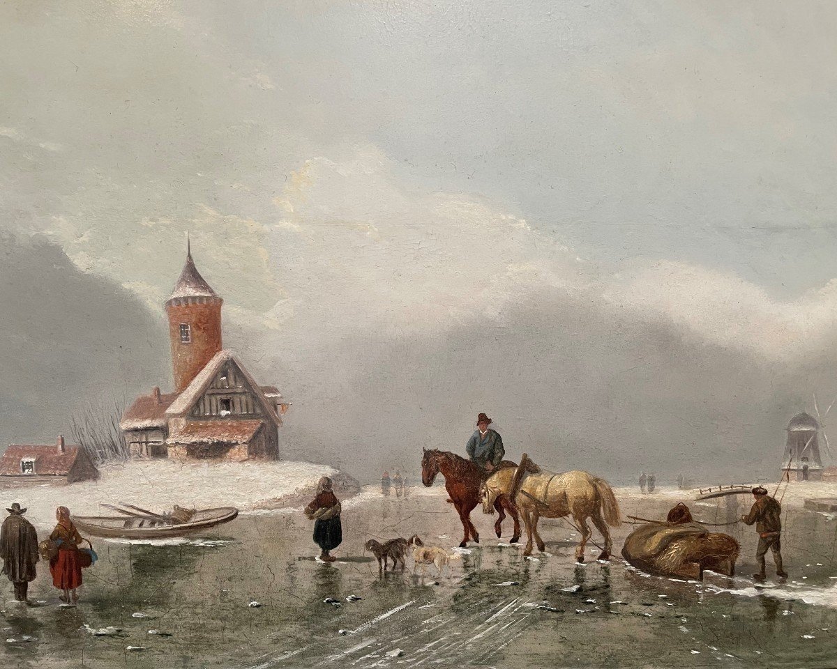 Painting Winter Landscape "on The Ice" Oil On Panel 19th Century.-photo-2